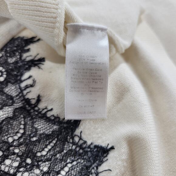 Talbots Womens Sweater XL Cream Black Paisley Eyelash Lace Stripes Crew Neck - Picture 4 of 12